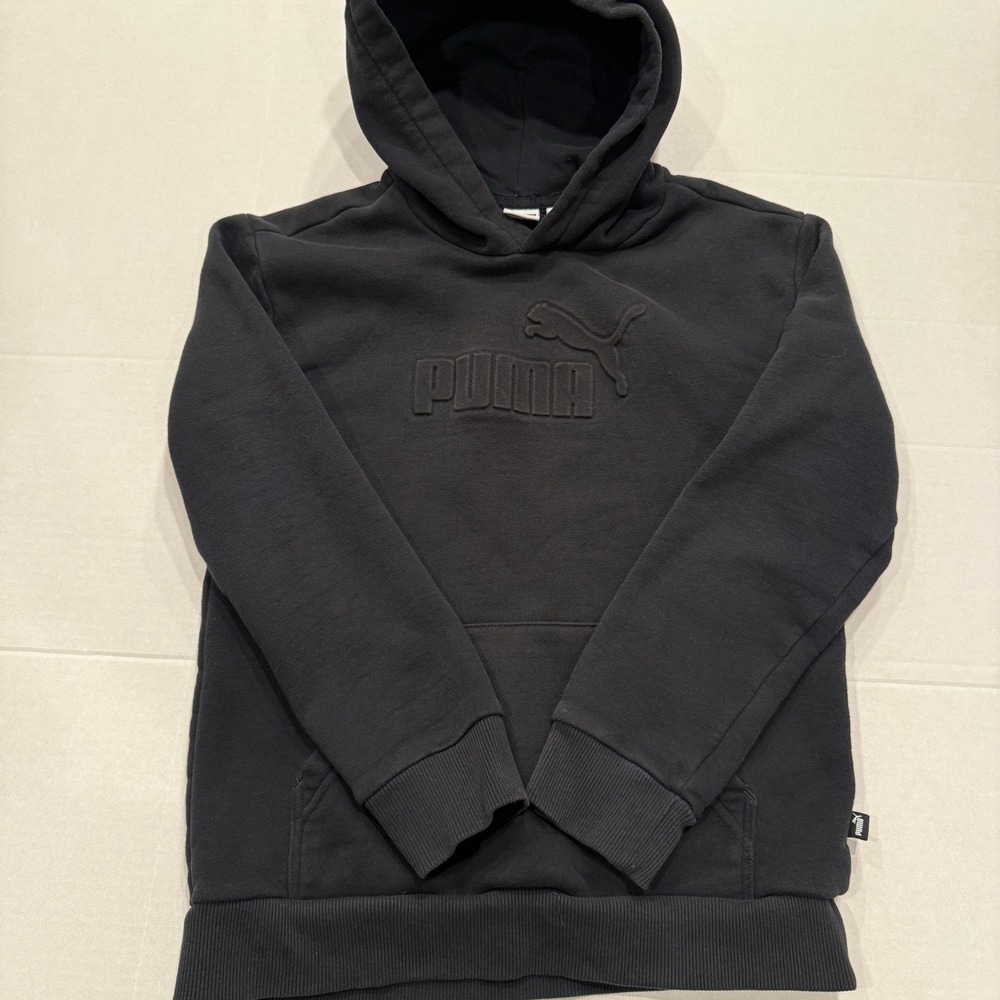 Kids Puma Black Embossed‎ Logo Pullover Hoodie Sweatshirt Youth L 14/16